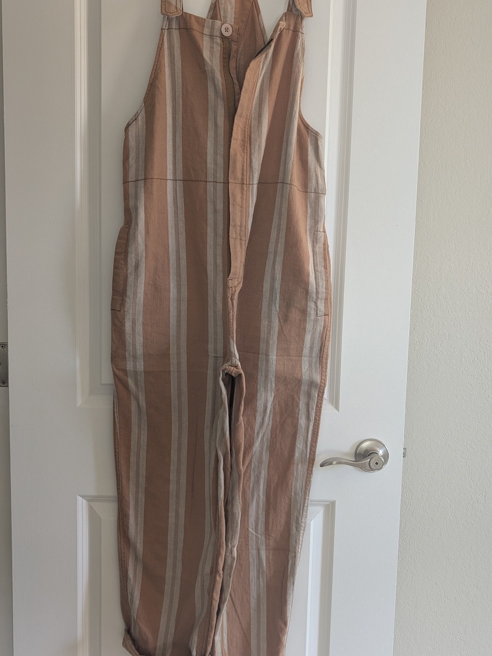 Free People Striped Tan & White Linen-Blend Overalls